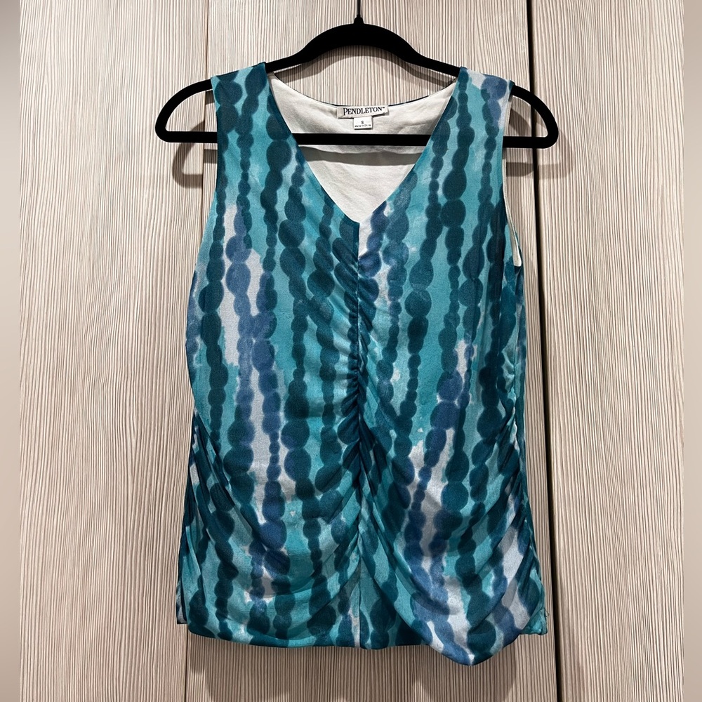 Pendleton Silk Nylon Sleeveless Tank Blouse Blue Teal Pattern Size Small‎ Ruched